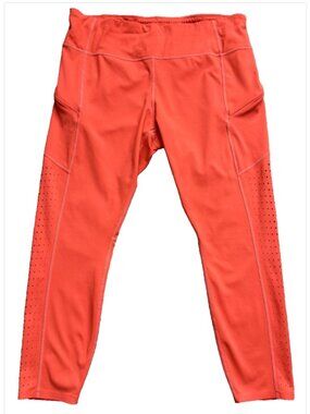 Athleta Contender Laser Cut 7/8 Tight Leggings Zipper Pockets Neon Orange Gym